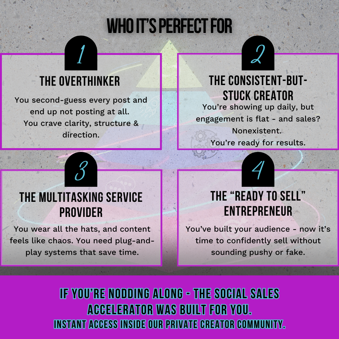 Promotional graphic for 'The Social Sales Accelerator' targeting overthinkers, stuck creators, multitasking service providers, and entrepreneurs.