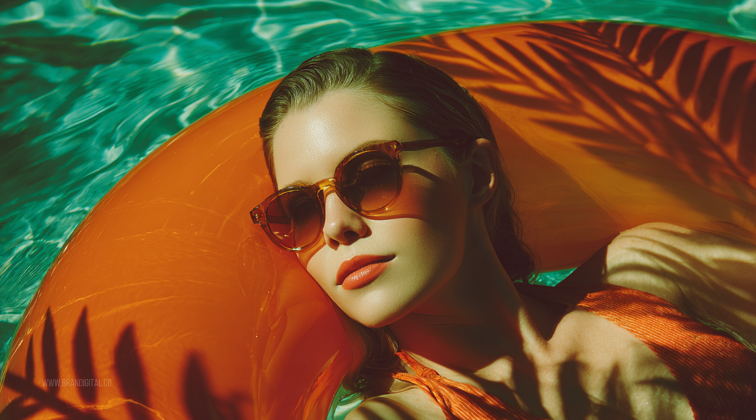 Editorial tropical poolside portrait of a woman in orange tones floating in turquoise water, symbolising clarity, diagnosis, and identifying hidden gaps before launching an offer.