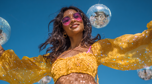 Ultra-realistic tropical portrait of a woman in bold saturated sunlight with vivid colors and natural skin texture, symbolizing emotional expression and powerful communication.