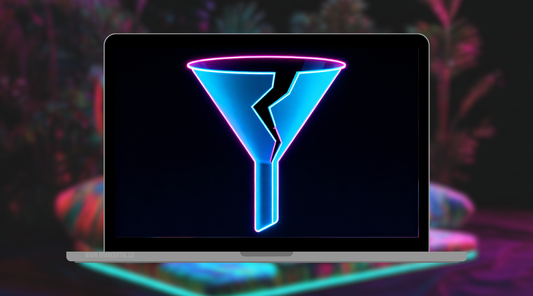 Neon blue and pink glowing funnel with a crack down the center, displayed on a laptop screen, symbolizing a broken sales funnel and content that isn’t converting.