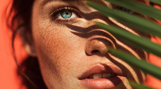 Hyper-realistic tropical close-up portrait with palm leaves partially covering the face, symbolising clarity, misalignment, and understanding the real problem behind buying decisions.