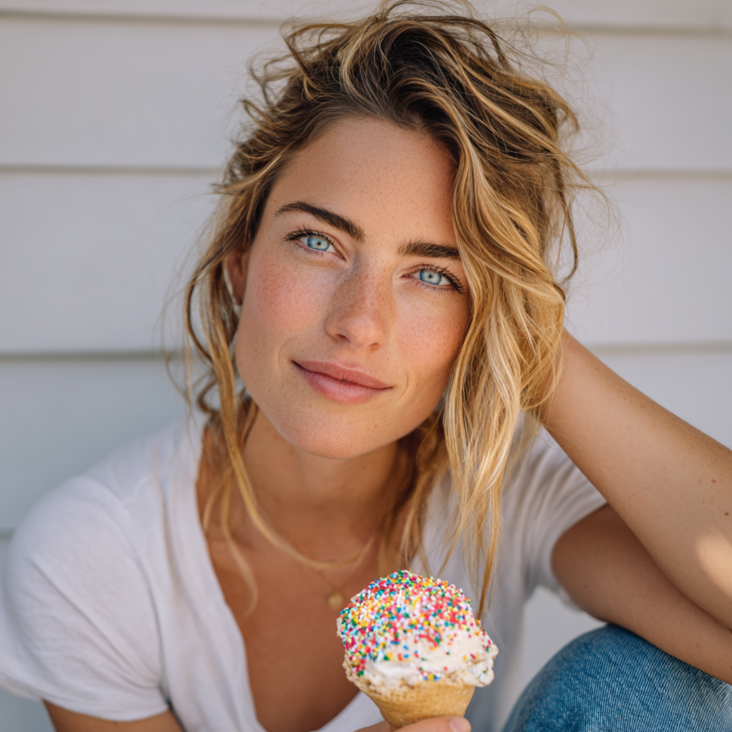 Woman holding a colorful ice cream cone against a white background