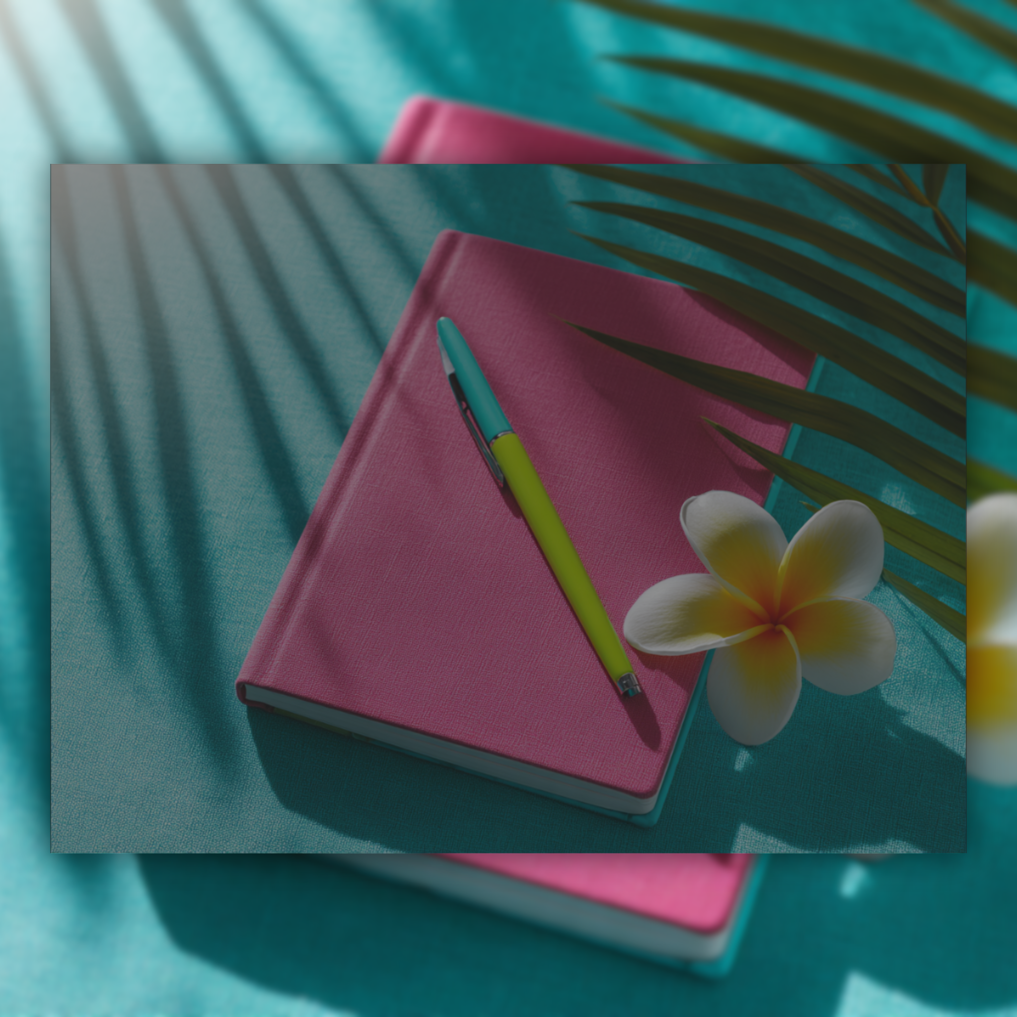 Pink notebook with a yellow pen and white flower on a blue surface with palm leaves