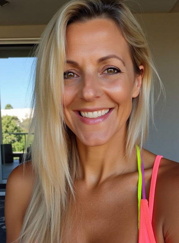 Woman wearing a colorful bikini top with a blurred background