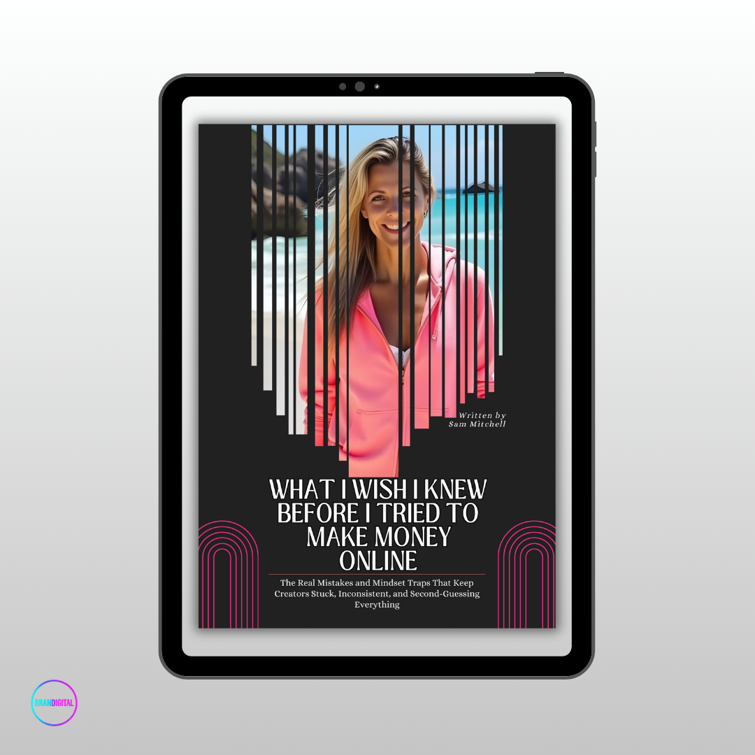 Tablet displaying a book cover with a woman on a beach and text about making money online.