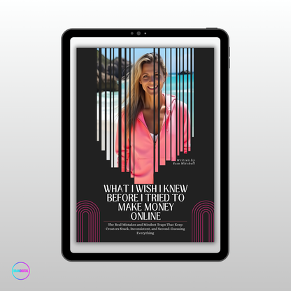 Tablet displaying a book cover with a woman on a beach and text about making money online.